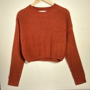 Elodie Women’s Cropped Sweater Long Sleeve Crew, Ribbed Chunky Knit Rust, Sz. Lg